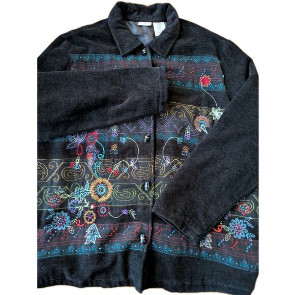 Vintage White Stag Embroidered Chenille Jacket XL Black Aztec Floral Artwear 90s - Picture 6 of 8